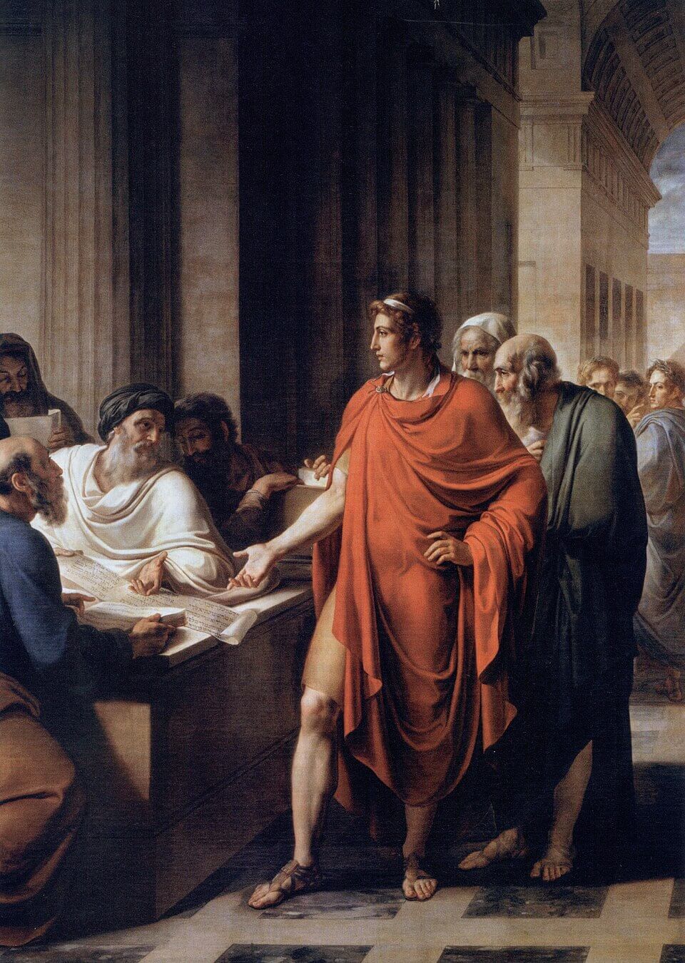 Ptolomeo II en la biblioteca de Alejandría según Vincenzo Camuccini