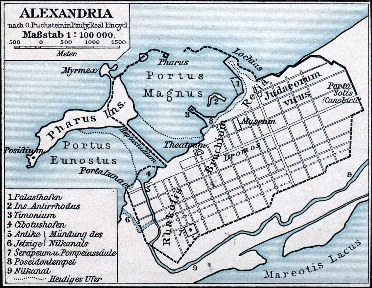 La Biblioteca de Alejandría en un plano de la ciudad