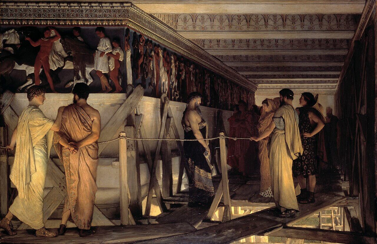 Democracia ateniense. Fidias enseña a Pericles y Aspasia los frisos del Partenón