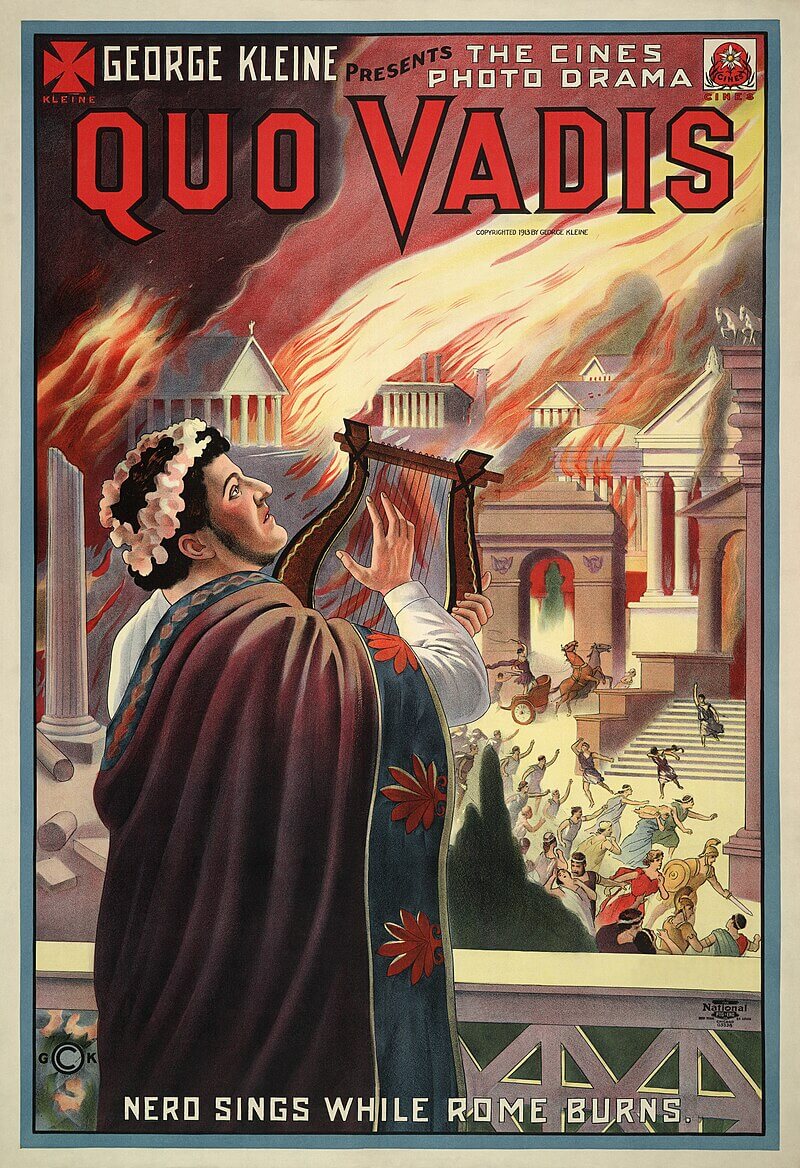 Cartel de la película Quo Vadis con Nerón tocando la lira mientras arde Roma