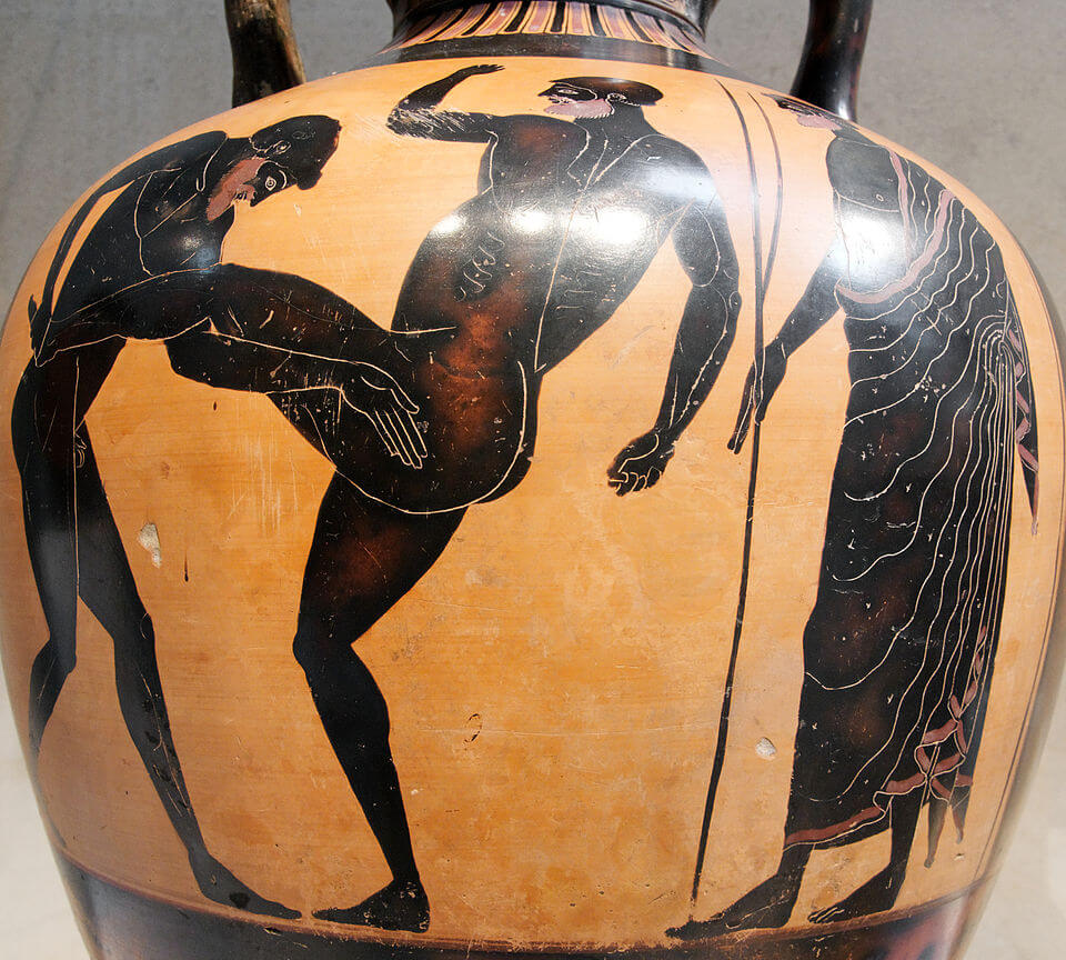 Escena de pancracio en una cerámica de figuras negras